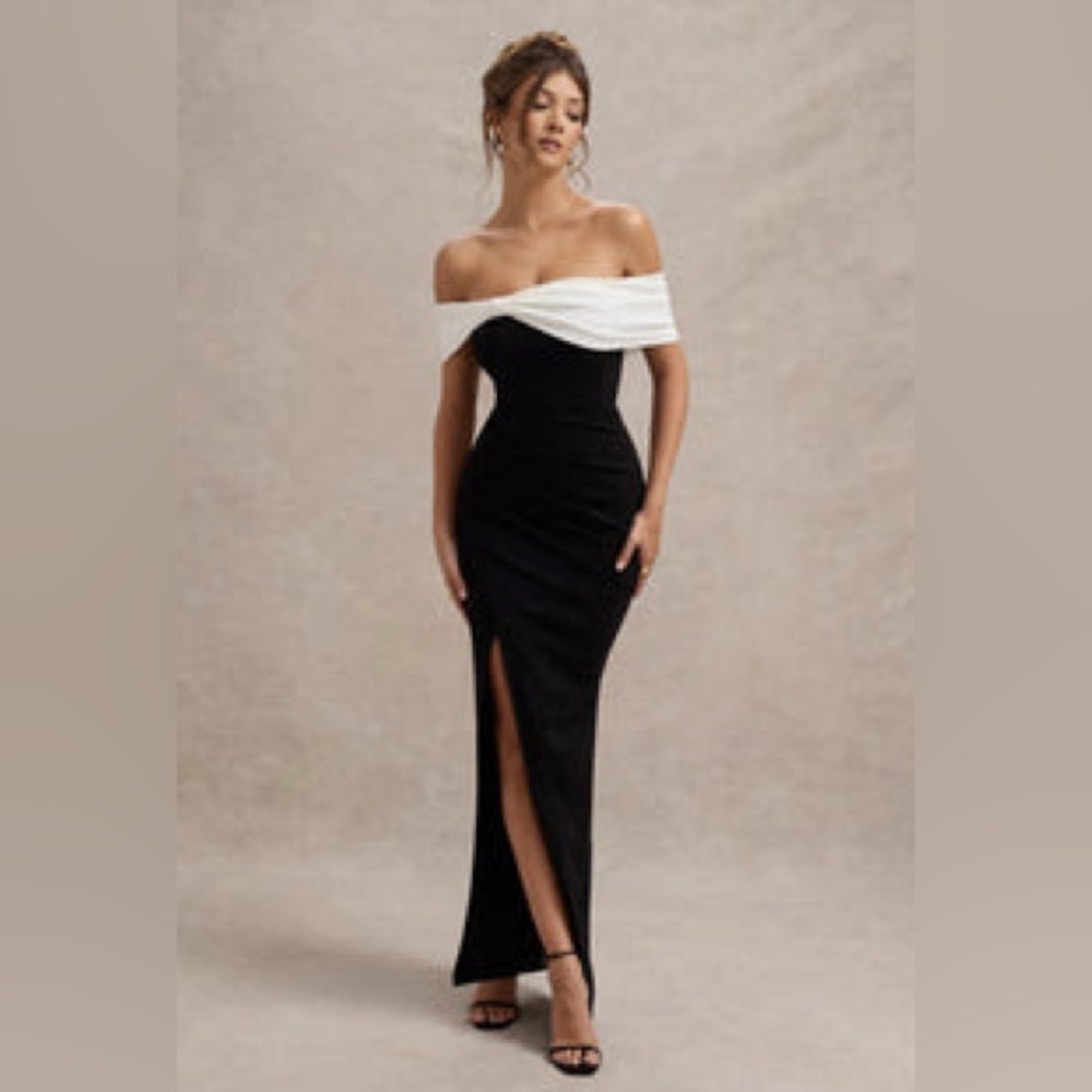 Club London Elegant Black and White Off-Shoulder Eva Dress